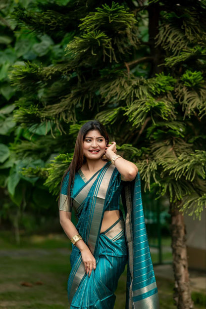 Teal Blue Banarasi Raw Silk Saree