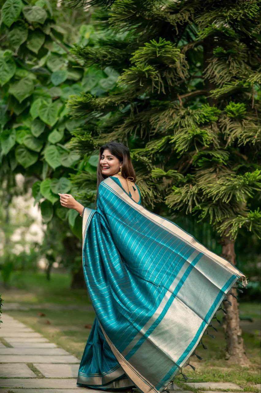 Teal Blue Banarasi Raw Silk Saree