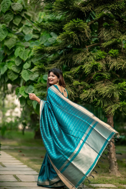 Teal Blue Banarasi Raw Silk Saree