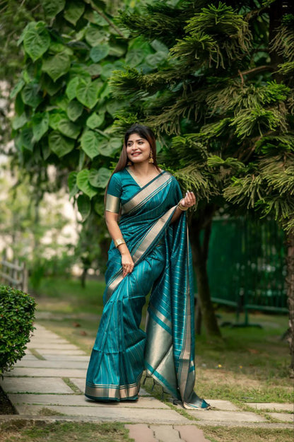 Teal Blue Banarasi Raw Silk Saree