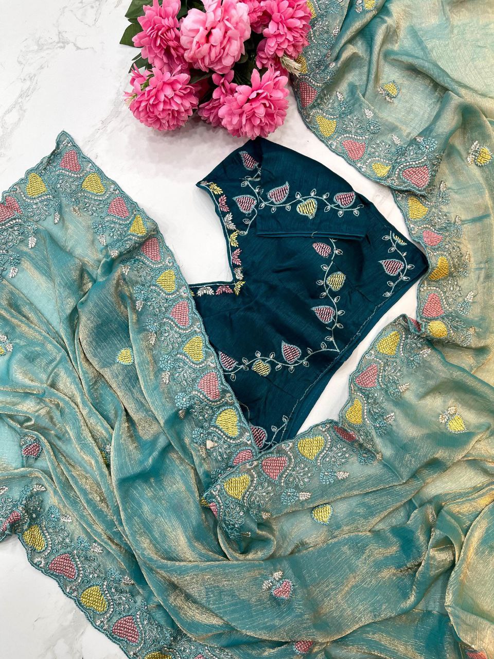 Teal Blue Designer Fandy Chiffon Two Tone Saree