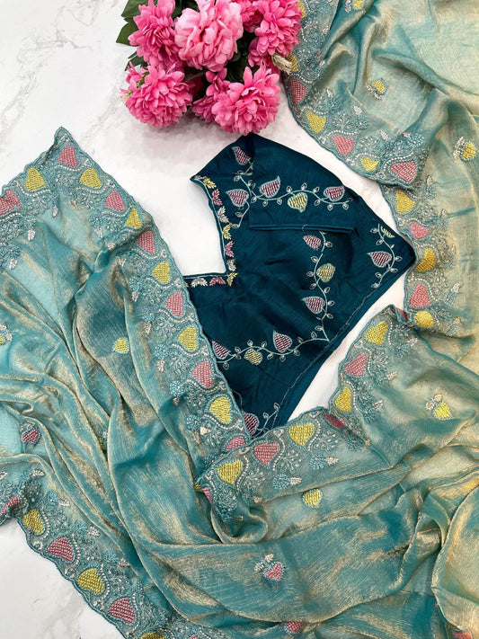 Teal Blue Designer Fandy Chiffon Two Tone Saree