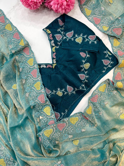 Teal Blue Designer Fandy Chiffon Two Tone Saree