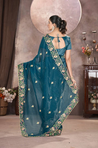 Teal Blue Gold Crunchy Silk Saree