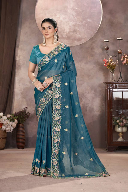 Teal Blue Gold Crunchy Silk Saree