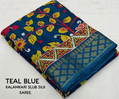 Teal Blue Slub Silk Kalamkari Printed Saree