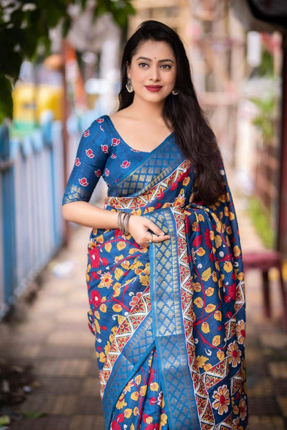 Teal Blue Slub Silk Kalamkari Printed Saree