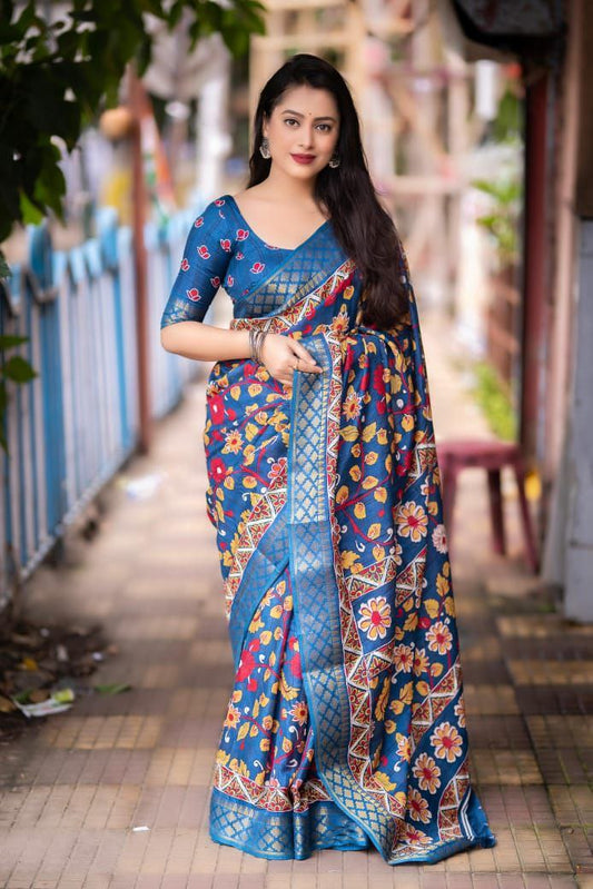 Teal Blue Slub Silk Kalamkari Printed Saree