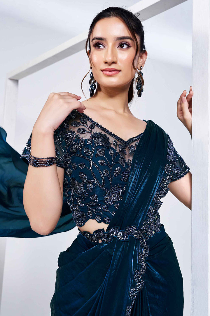 Teal Blue Stylish Ready Made Satin Silk Saree With Belt | Original Saree