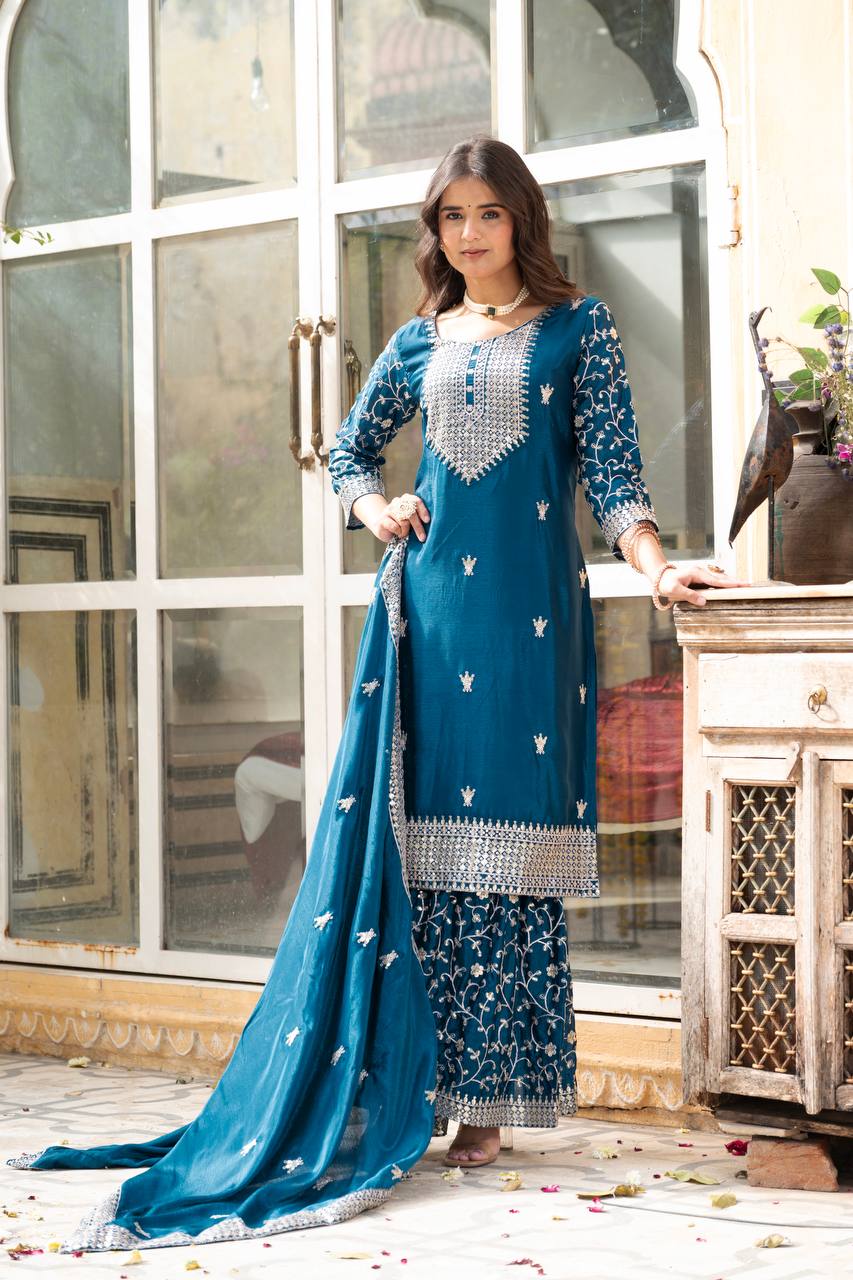 Blue Chinon Silk Designer Kurta Set