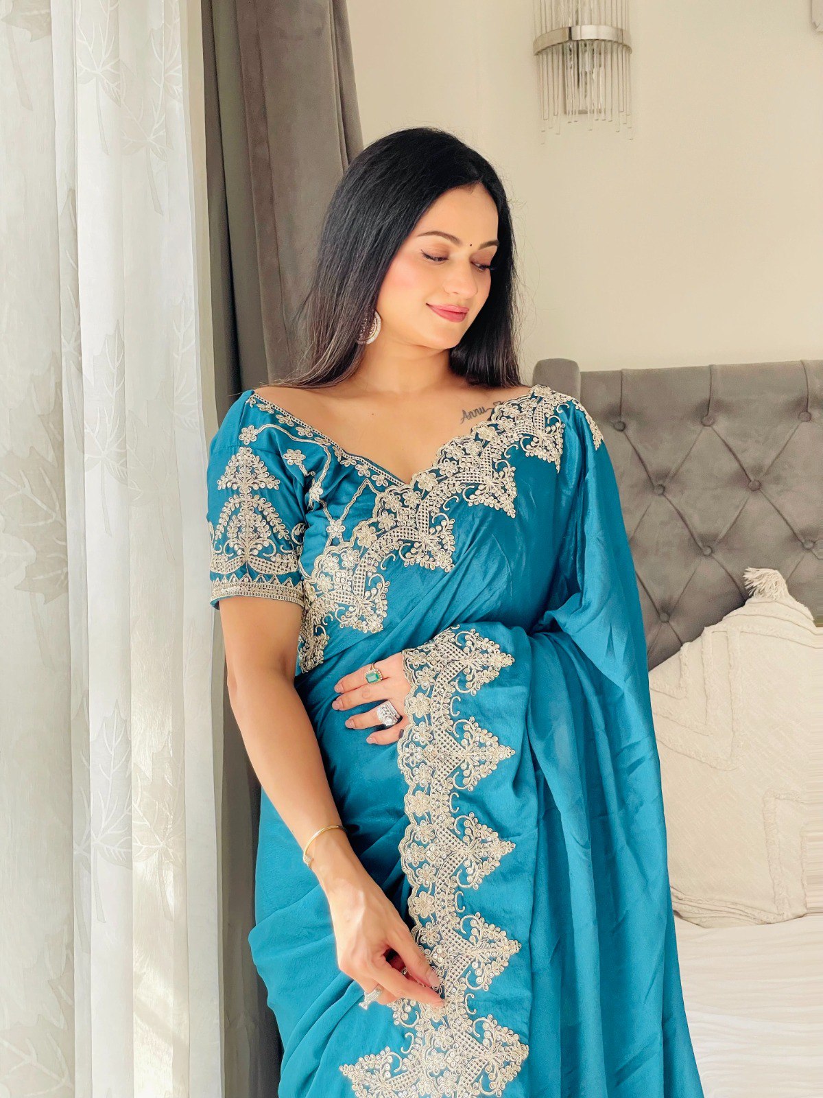 Teal Designer Chinon Silk Saree