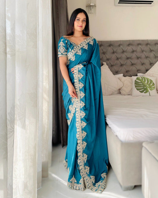 Teal Designer Chinon Silk Saree