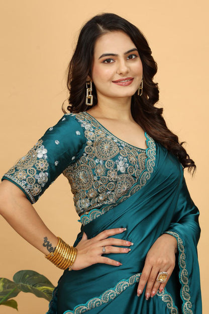 Teal Designer Japan Satin Saree