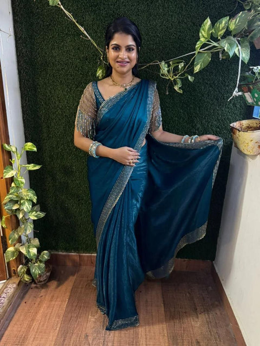 Teal Designer Party Wear Space Silk Saree