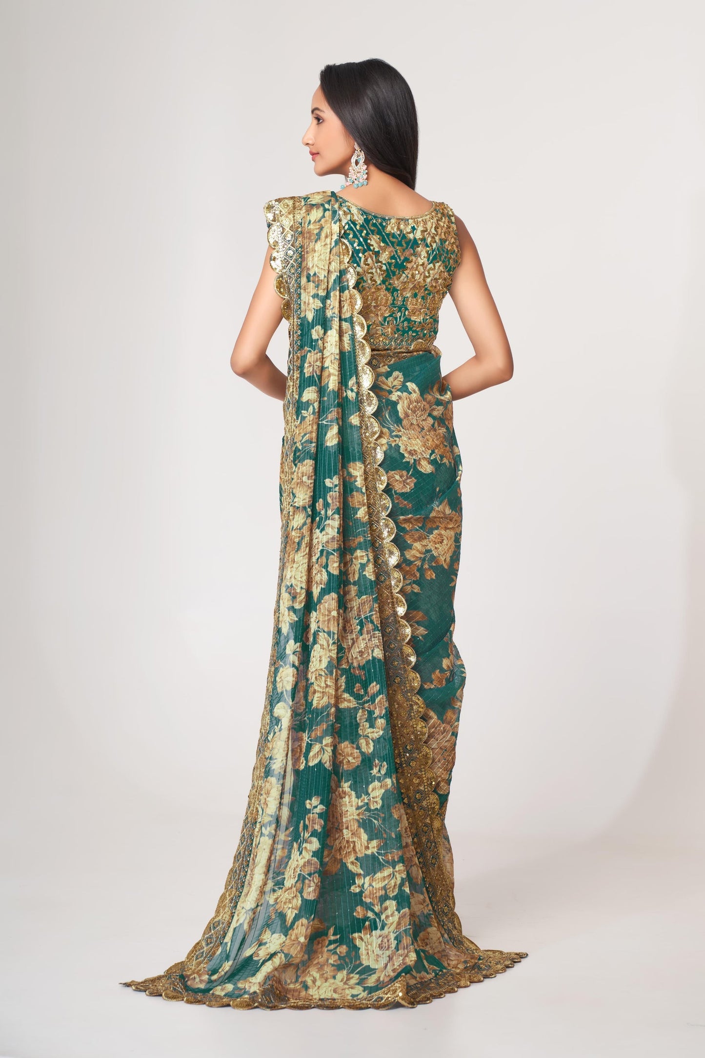 Teal Floral Printed Organza Saree With Blouse | 100% Original Saree