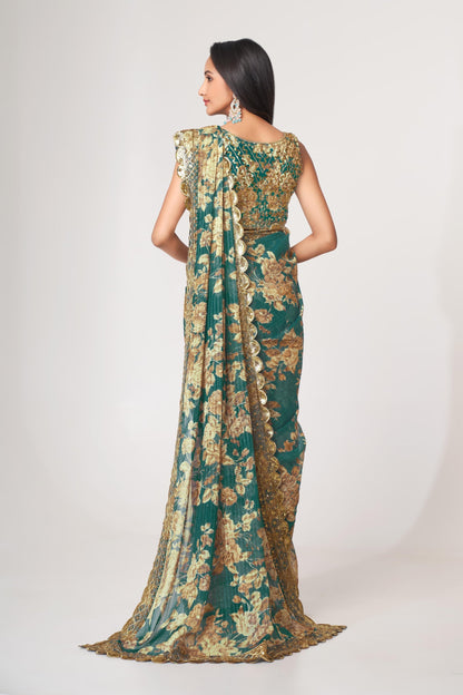 Teal Floral Printed Organza Saree With Blouse | 100% Original Saree