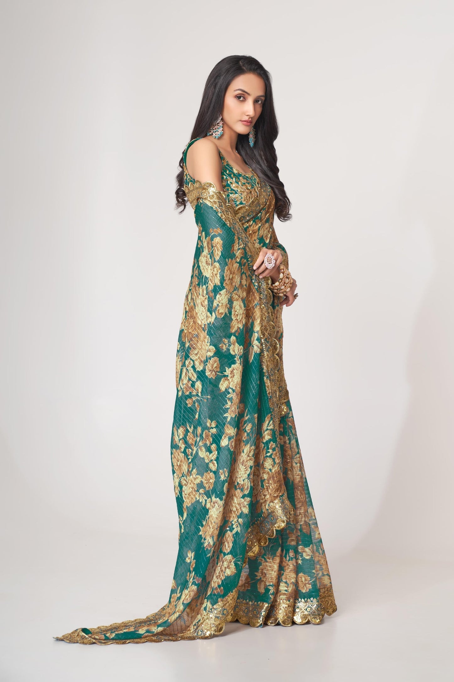 Teal Floral Printed Organza Saree With Blouse | 100% Original Saree