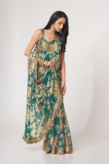 Teal Floral Printed Organza Saree With Blouse | 100% Original Saree