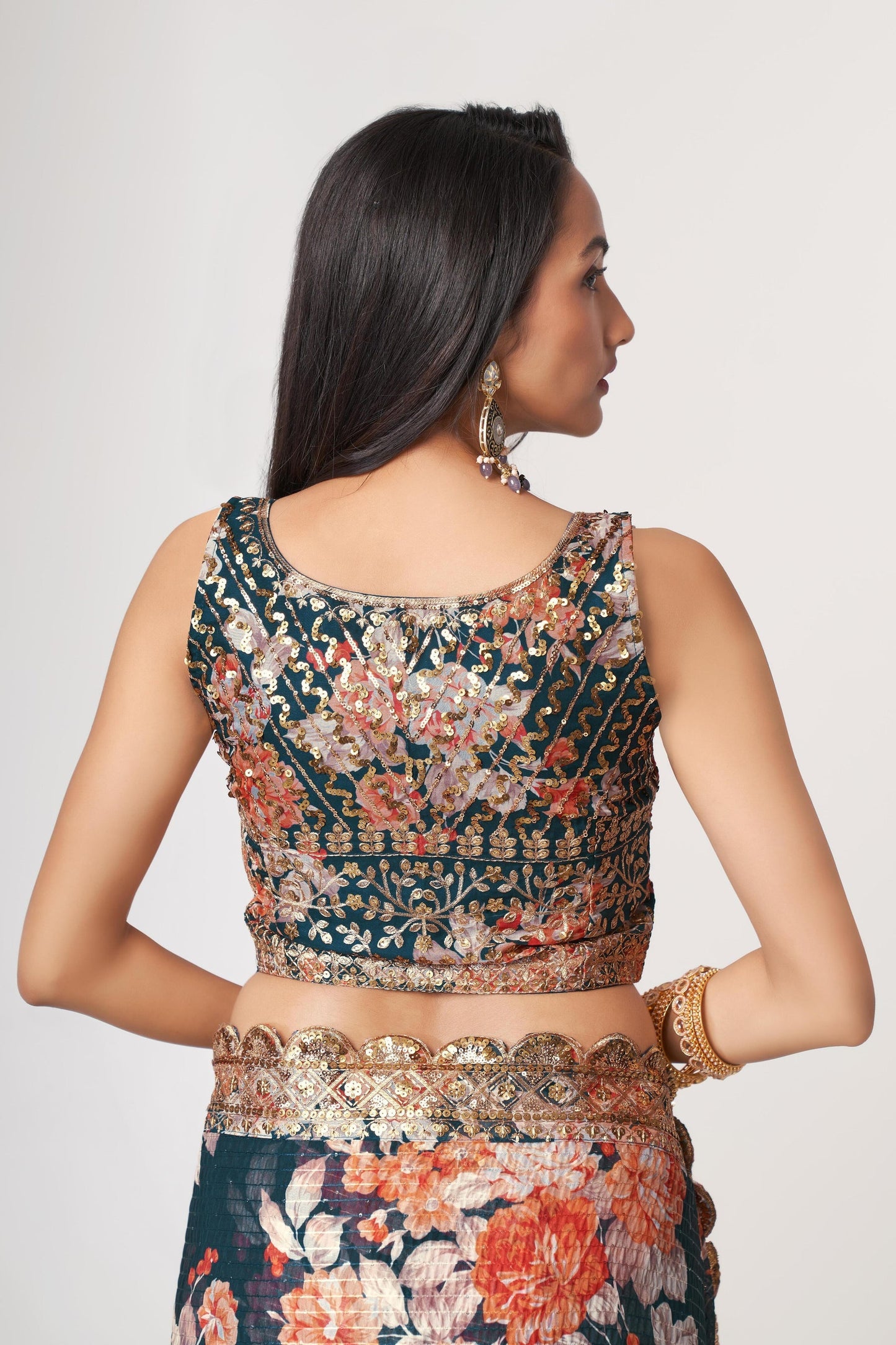 Teal Floral Printed Organza Saree With Blouse | 100% Original Saree