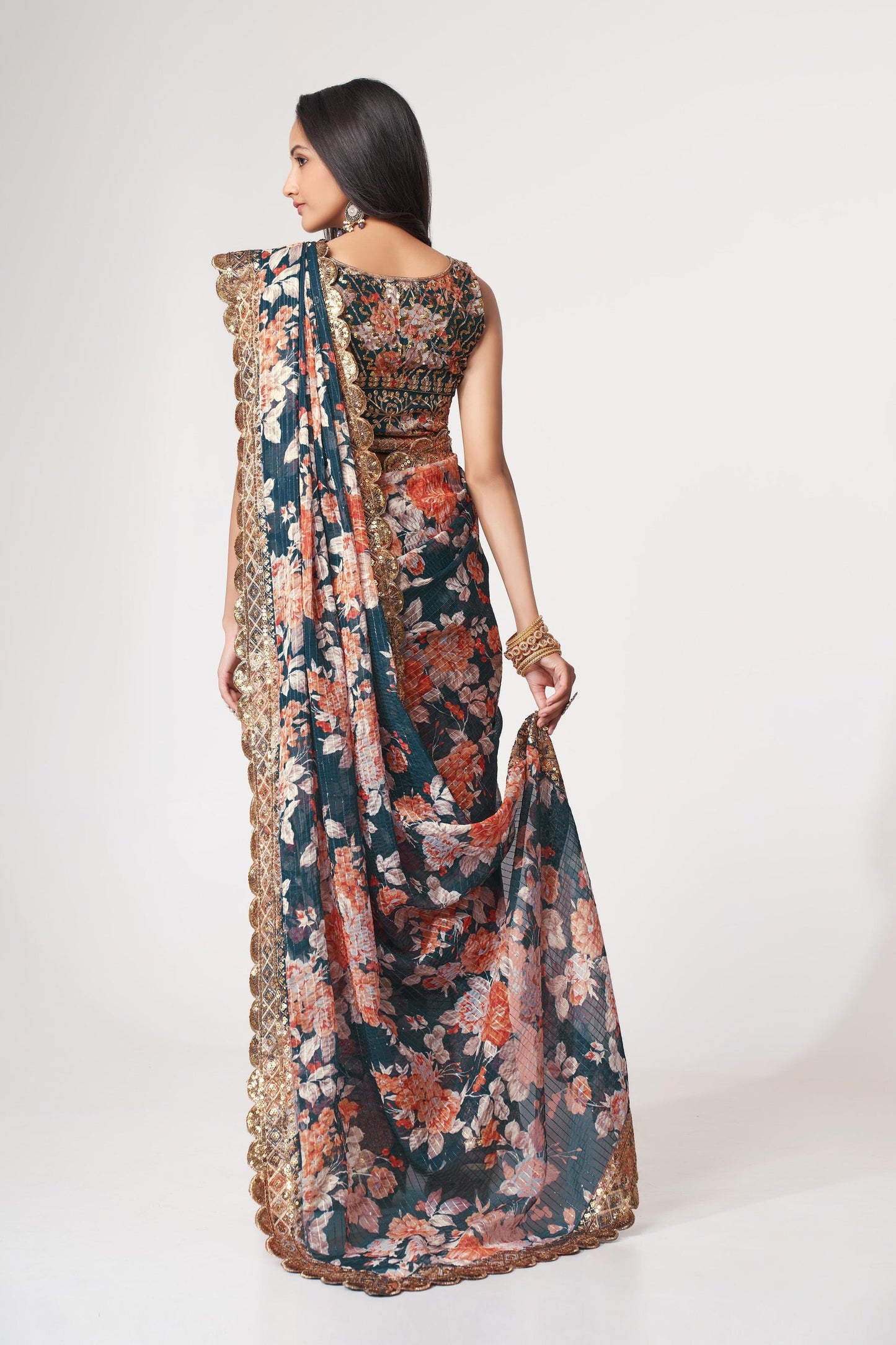 Teal Floral Printed Organza Saree With Blouse | 100% Original Saree