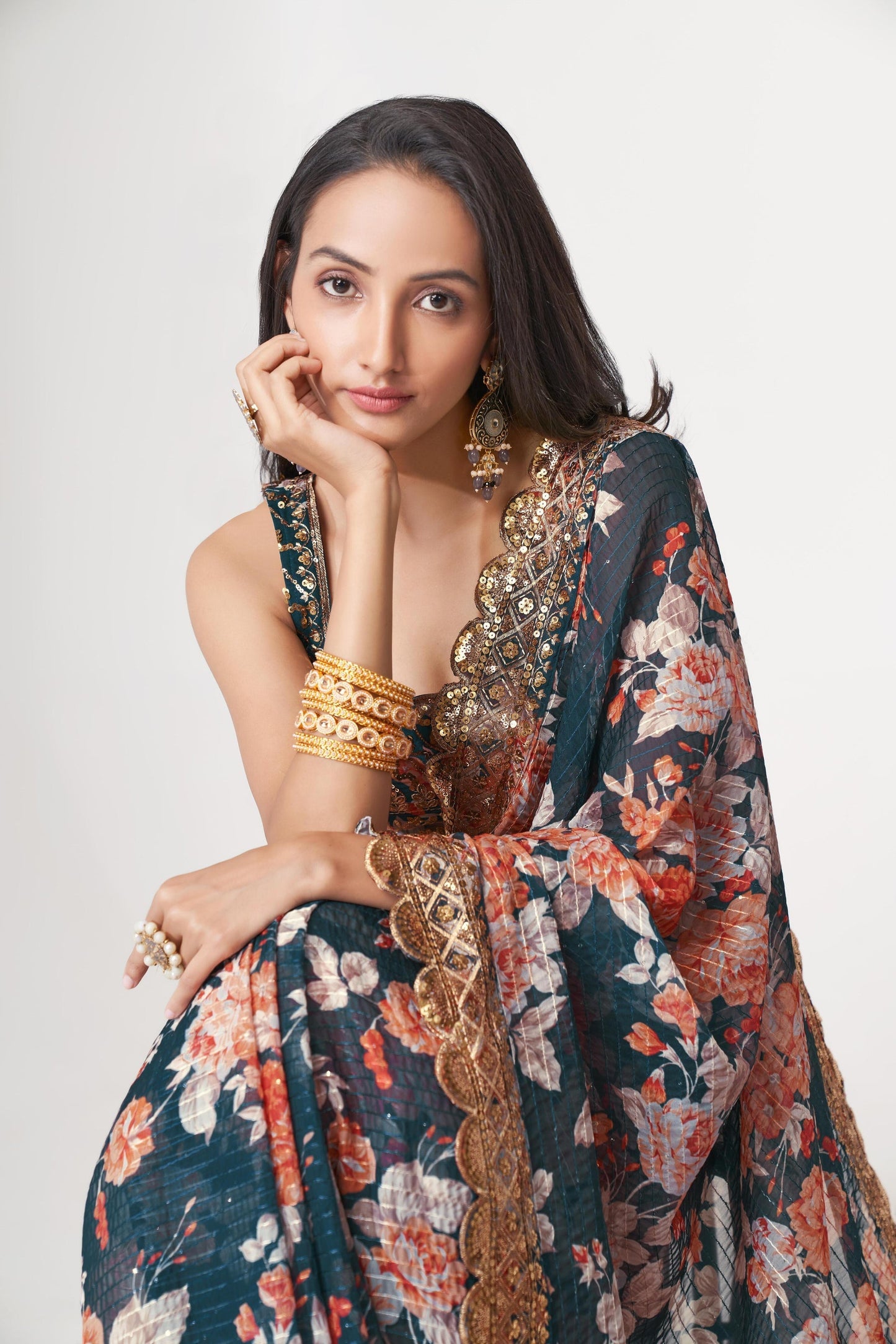 Teal Floral Printed Organza Saree With Blouse | 100% Original Saree