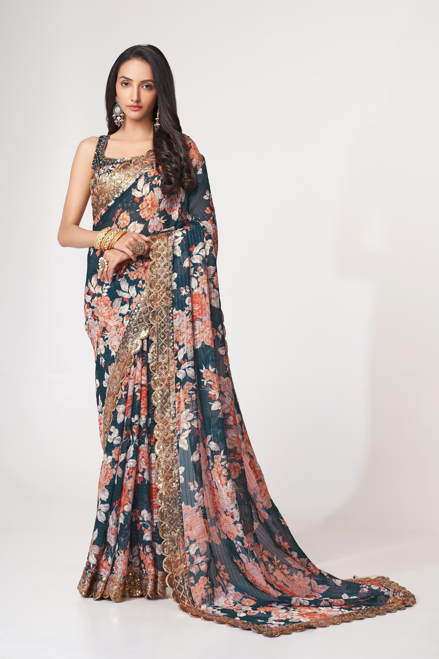Teal Floral Printed Organza Saree With Blouse | 100% Original Saree