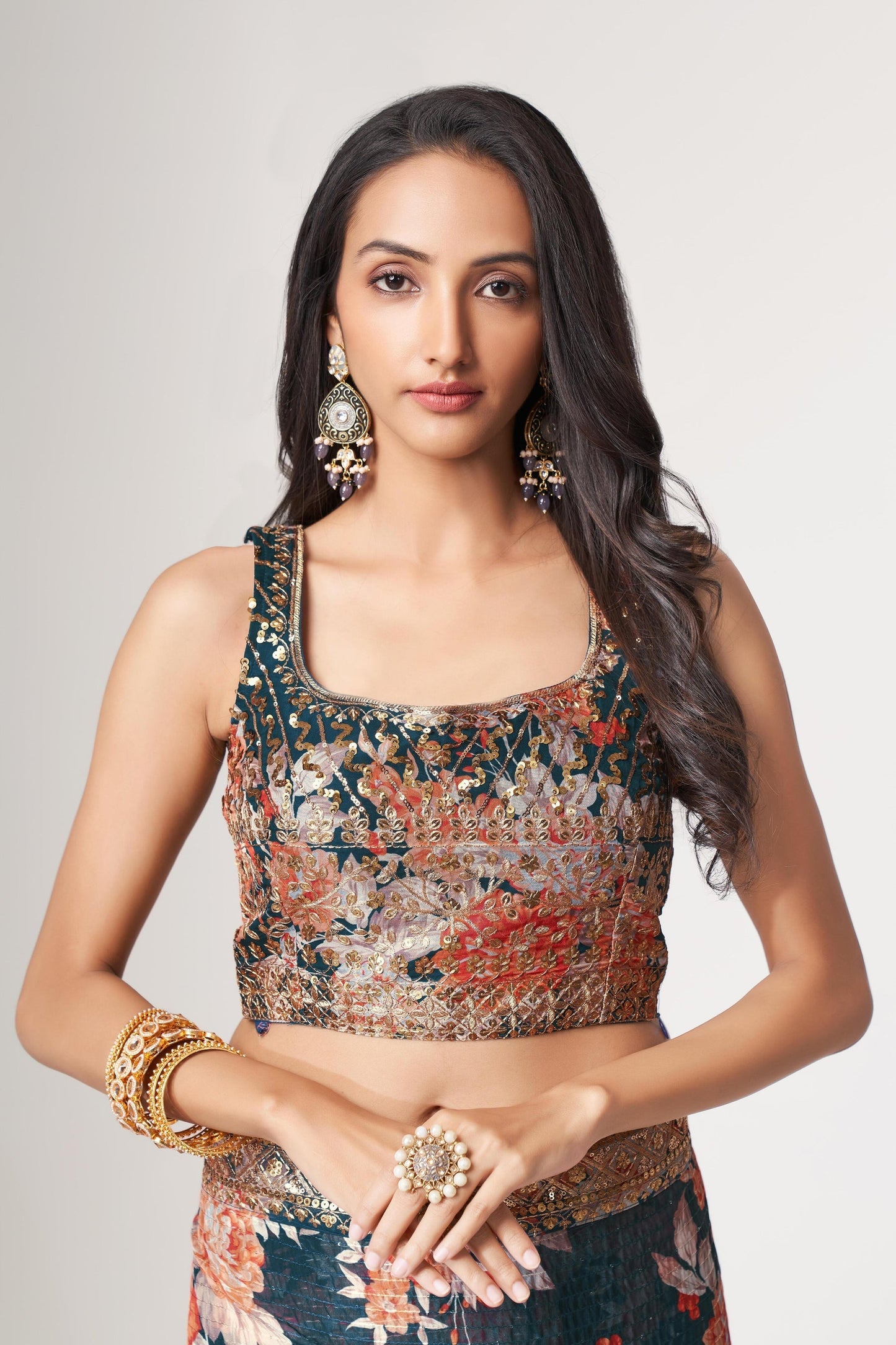 Teal Floral Printed Organza Saree With Blouse | 100% Original Saree