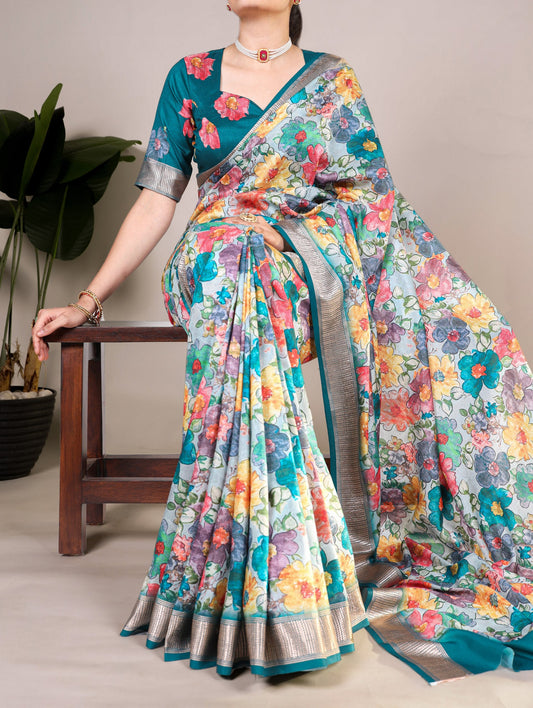 Teal Floral Printed Tussar Silk Saree