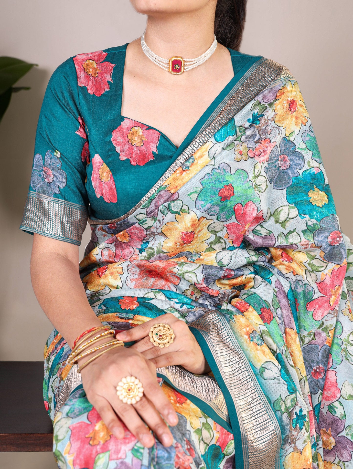 Teal Floral Printed Tussar Silk Saree