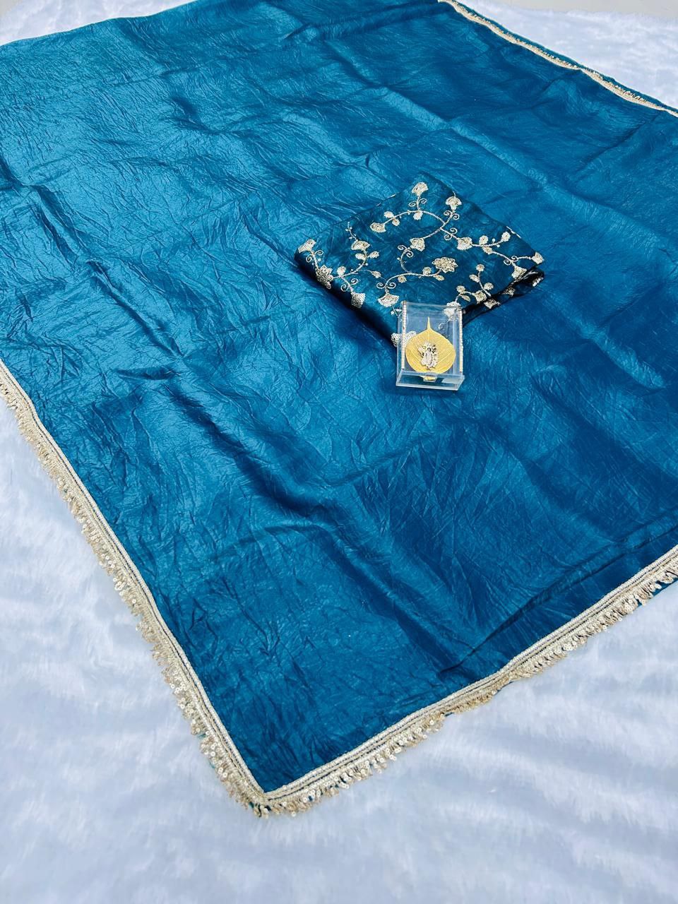 Teal Gold Crush Silk Saree