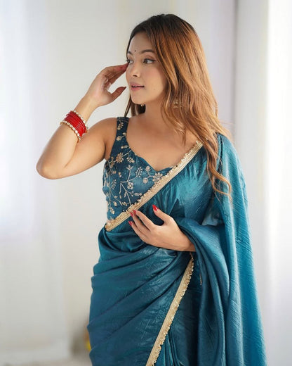 Teal Gold Crush Silk Saree