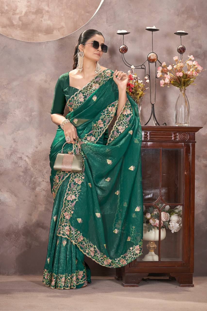 Teal Green Gold Crunchy Silk Saree
