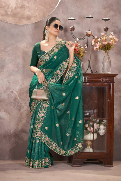 Teal Green Gold Crunchy Silk Saree