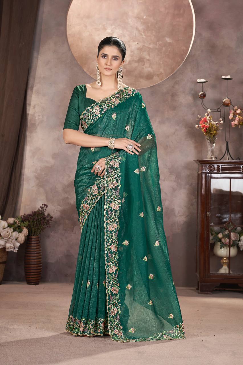 Teal Green Gold Crunchy Silk Saree