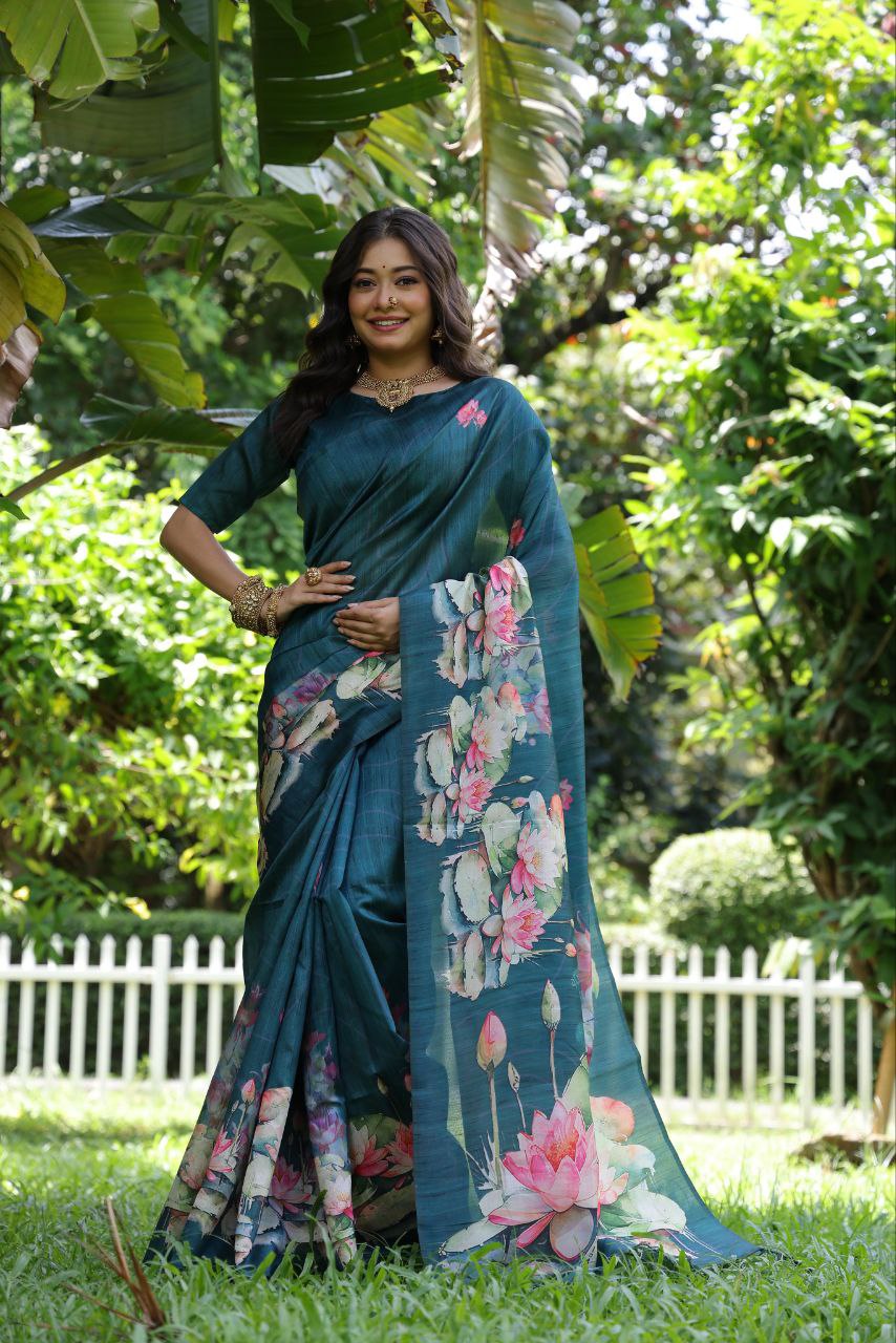 Teal Lotus Printed Tussar Silk Saree
