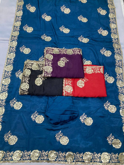 Teal Party Wear Chinon Silk Saree