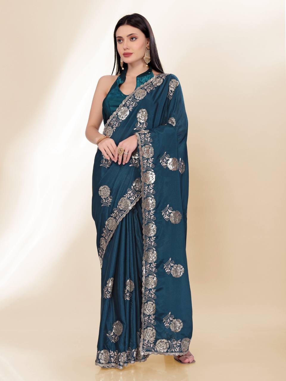 Teal Party Wear Chinon Silk Saree