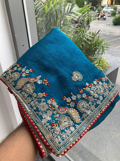 Teal Party Wear Fendy Chiffon silk Saree