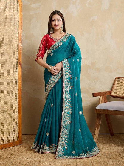 Teal Party Wear Fendy Chiffon silk Saree
