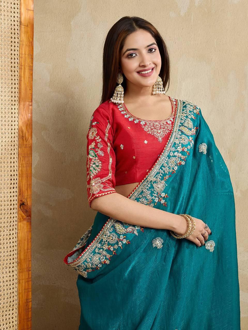 Teal Party Wear Fendy Chiffon silk Saree