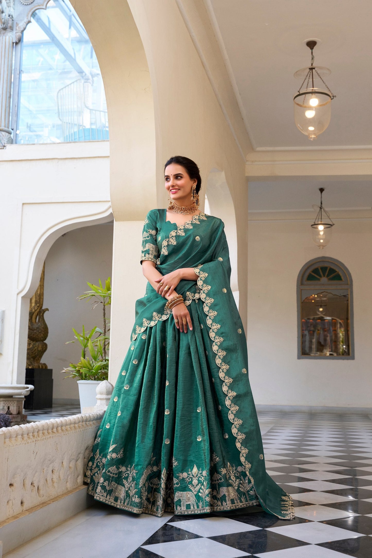 Teal Party Wear Gold Crush Lehenga