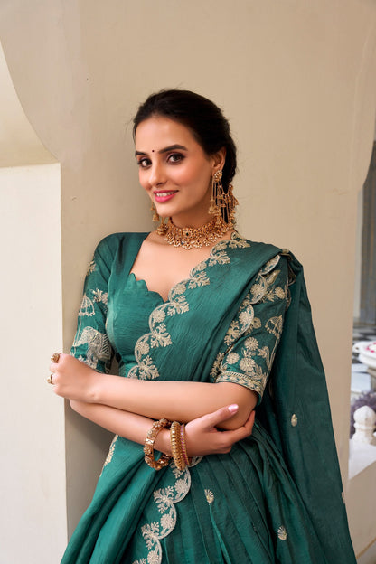 Teal Party Wear Gold Crush Lehenga