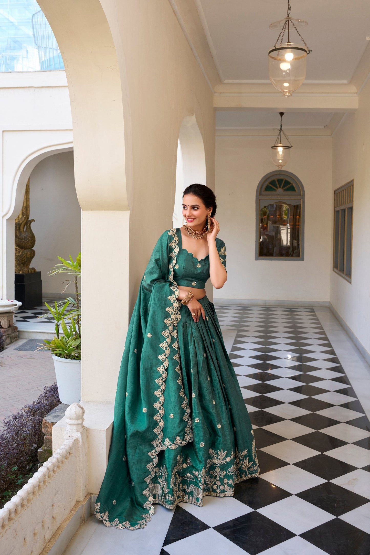 Teal Party Wear Gold Crush Lehenga