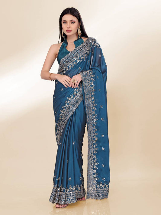 Teal Party Wear Rangoli Silk Saree