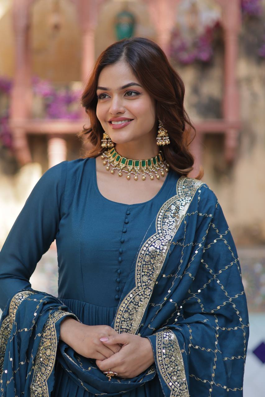 Teal Traditional Indian Gown Dress With Dupatta