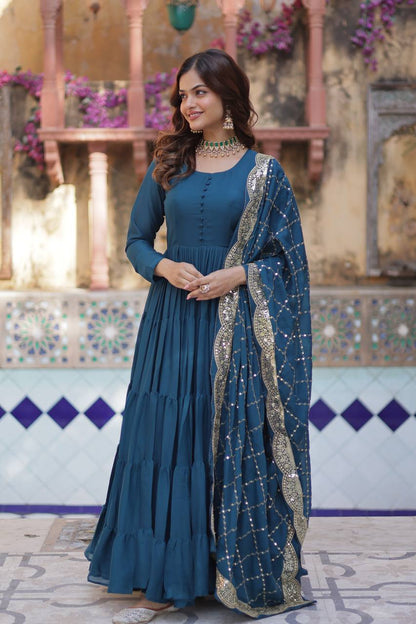 Teal Traditional Indian Gown Dress With Dupatta