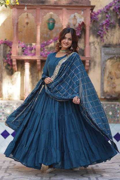Teal Traditional Indian Gown Dress With Dupatta