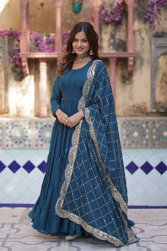 Teal Traditional Indian Gown Dress With Dupatta