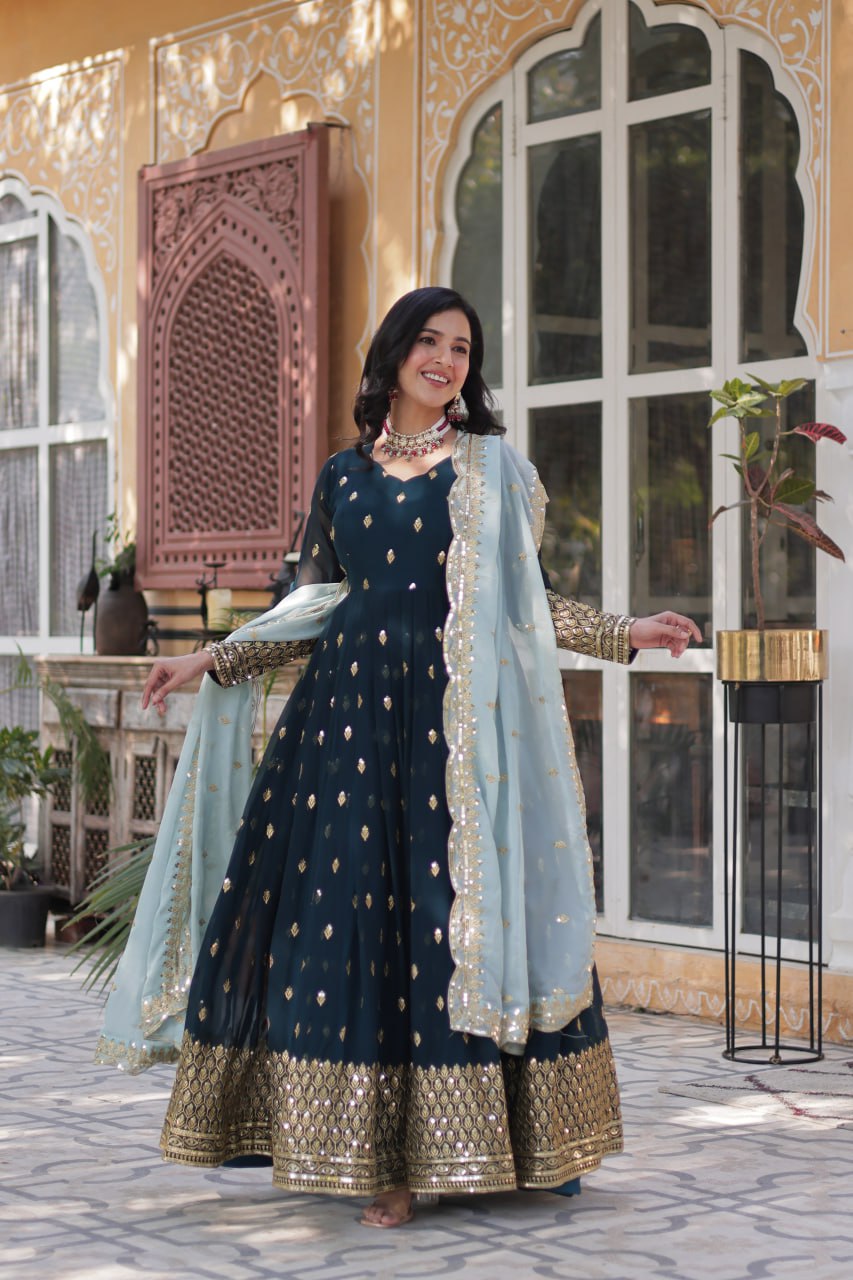Teal Traditional Indian Gown Dress With Dupatta