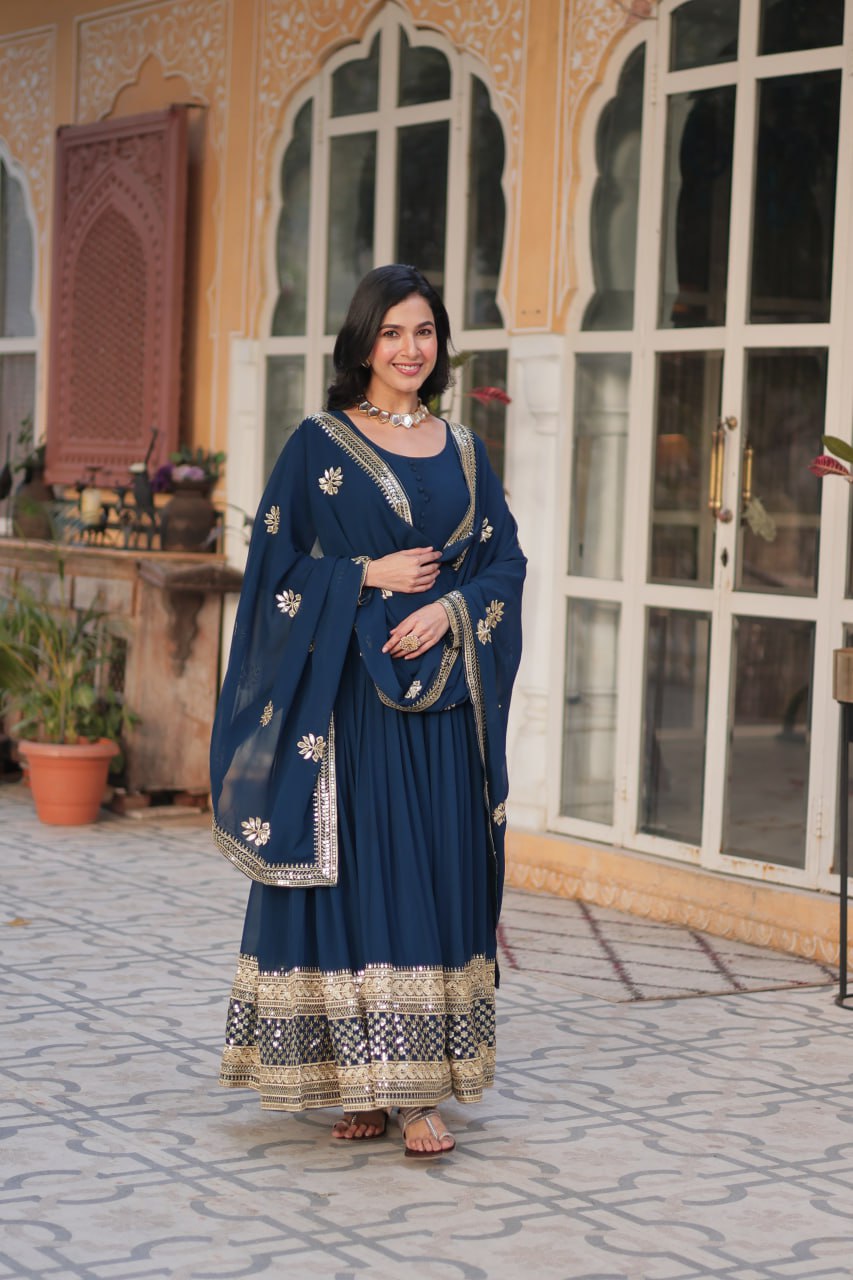Teal Traditional Indian Gown Dress With Dupatta